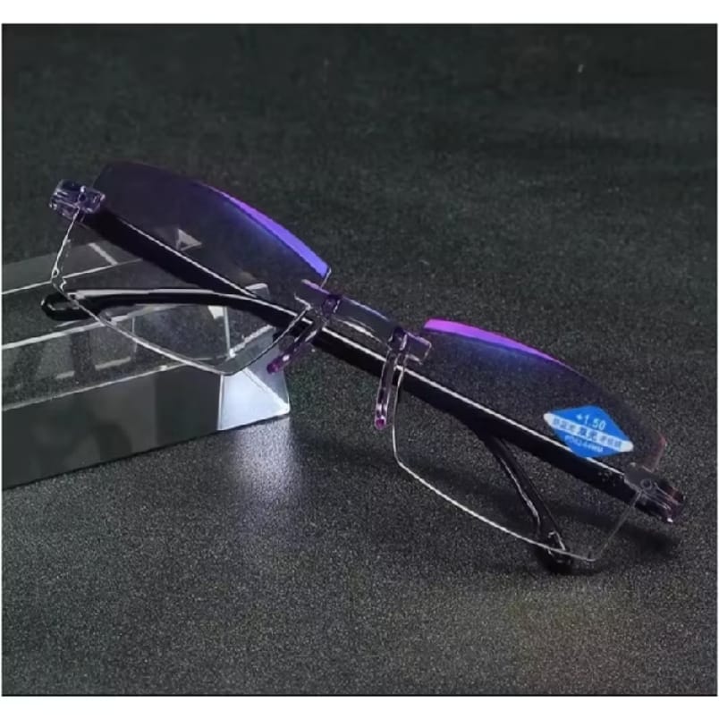 Óculos VisionX V2 Pro sem aro com lentes roxas e hastes metálicas